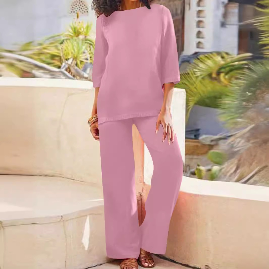 Plus Size Women's Cotton Linen Solid Color Vintage Two-Piece Pant Set Long Sleeve Loose Fit