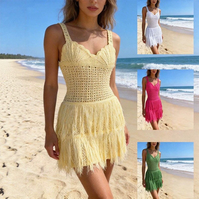 Fringe Cutout Knit A-Line Dress V-Neck Sleeveless