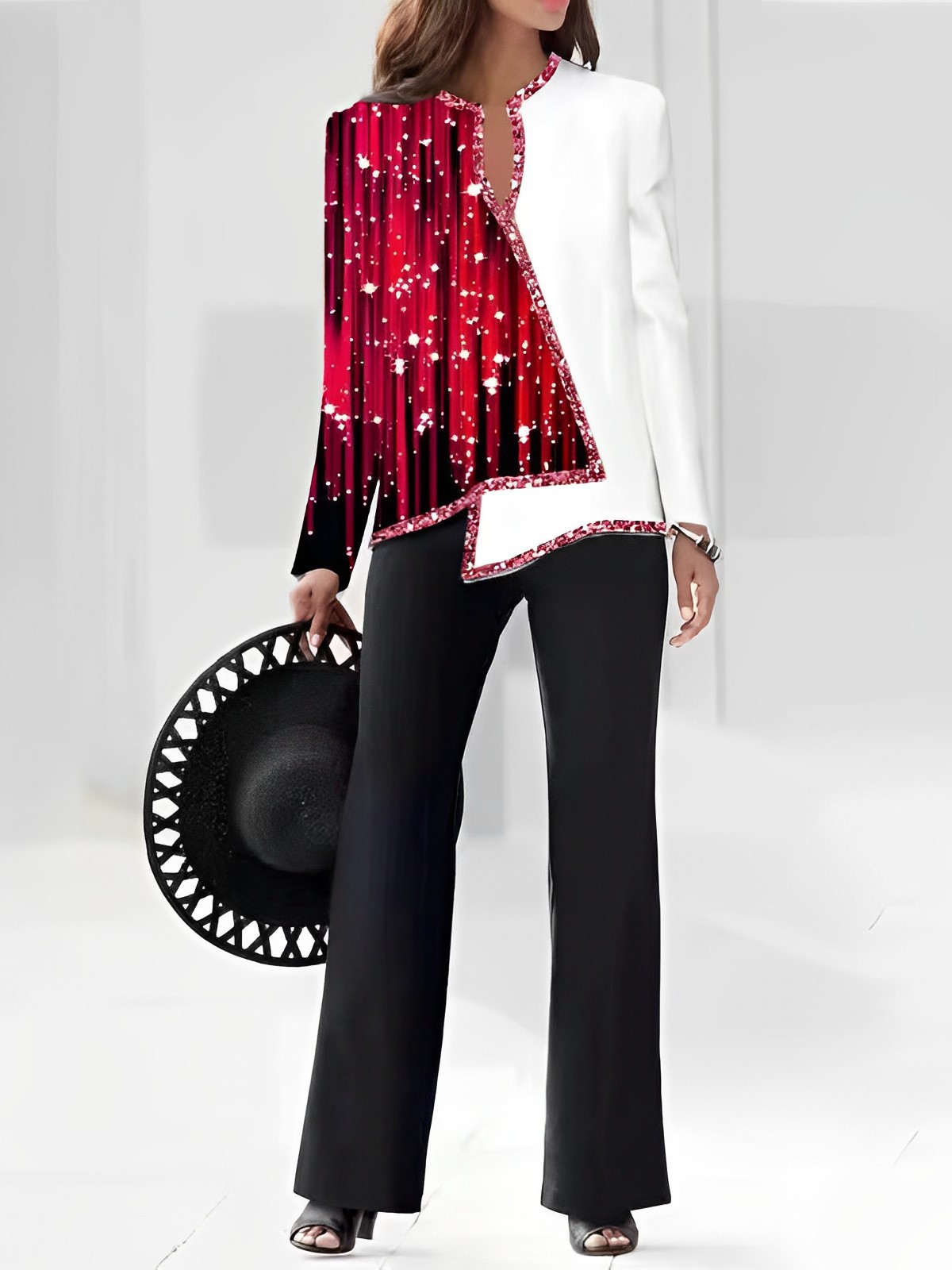 3D Digital Print V-Neck Asymmetric Shirt & Pants Set