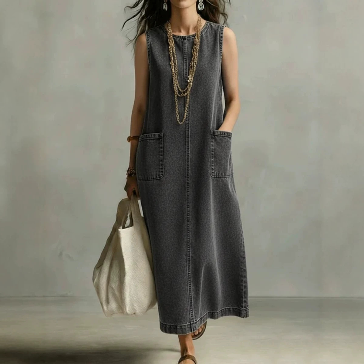Solid Crewneck Sleeveless Pocket A-Line Midi Dress