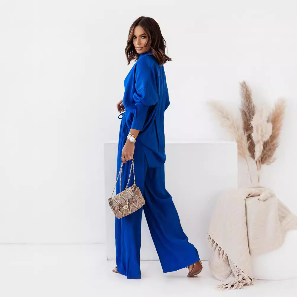 Women's Relaxed Fit Wrinkle Textured Long Sleeve Shirt and Wide Leg Pants Casual Set