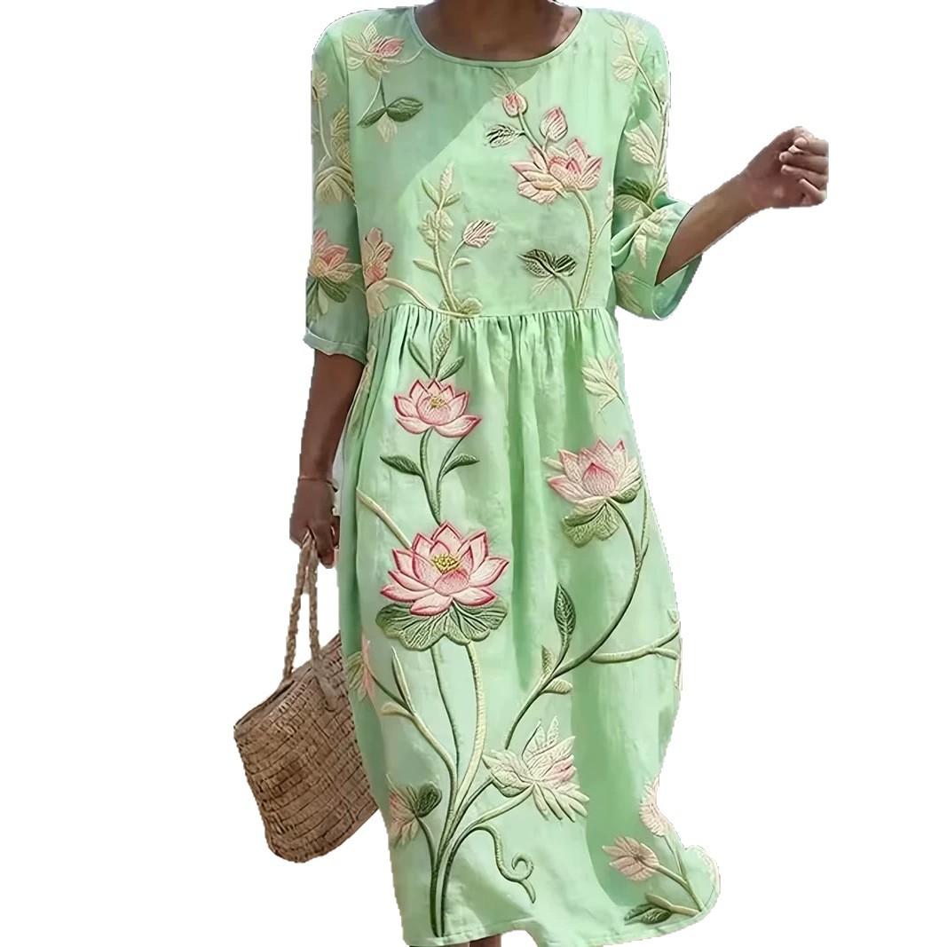Women's Floral Pleated Midi Dress Round Neck Five-Sleeve Slim Fit