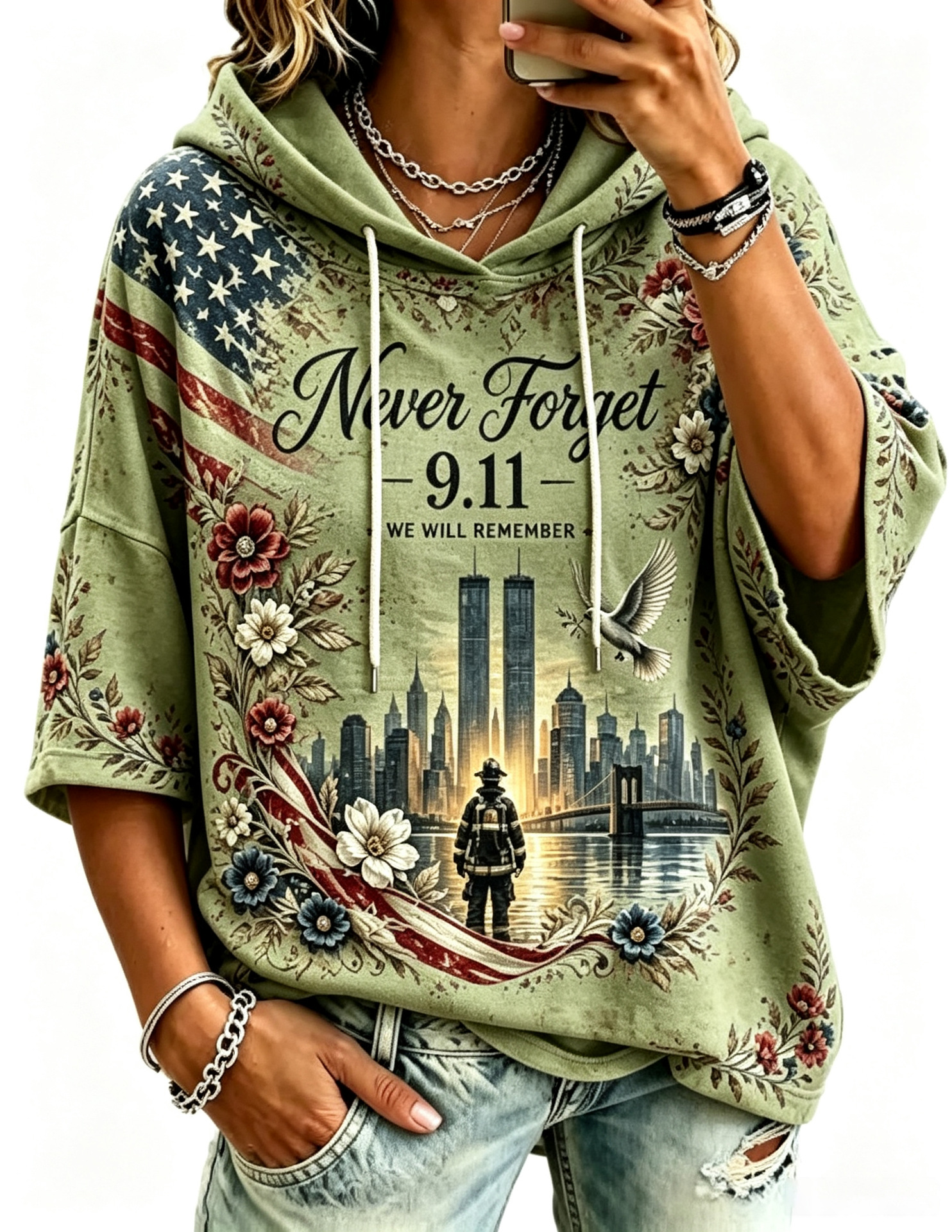 Women's Casual Hoodie with American Twin Towers Print
