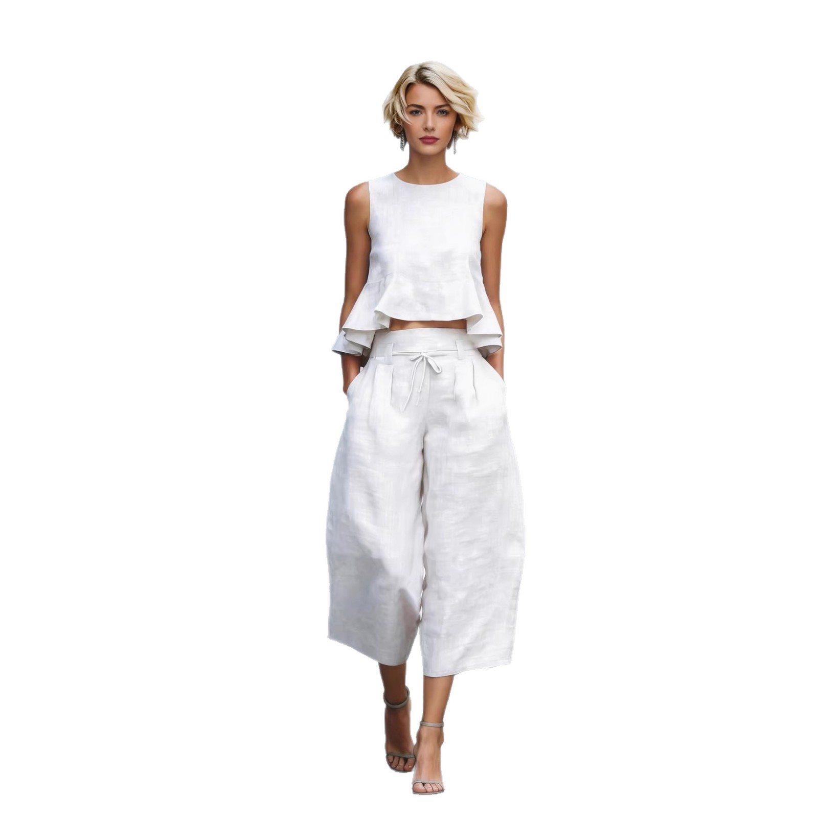 Women's Linen-Blend Two-Piece Set with Ruffle Sleeveless Top and Capri Pants