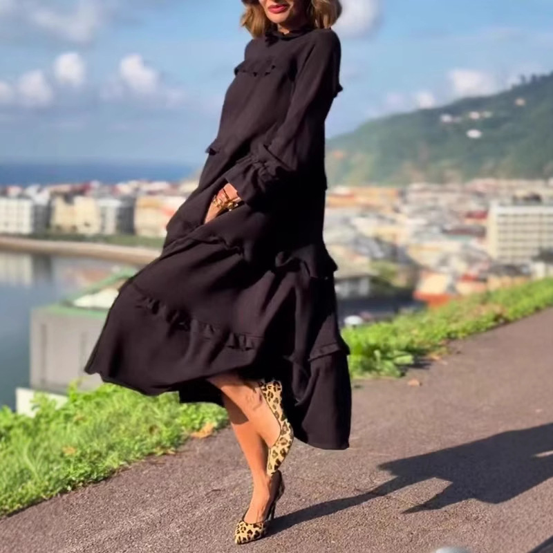 Women's Long Sleeve Ruffle Round Neck Dress