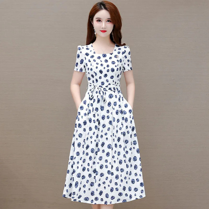 Women's Short Sleeve Polka Dot Print Midi Dress