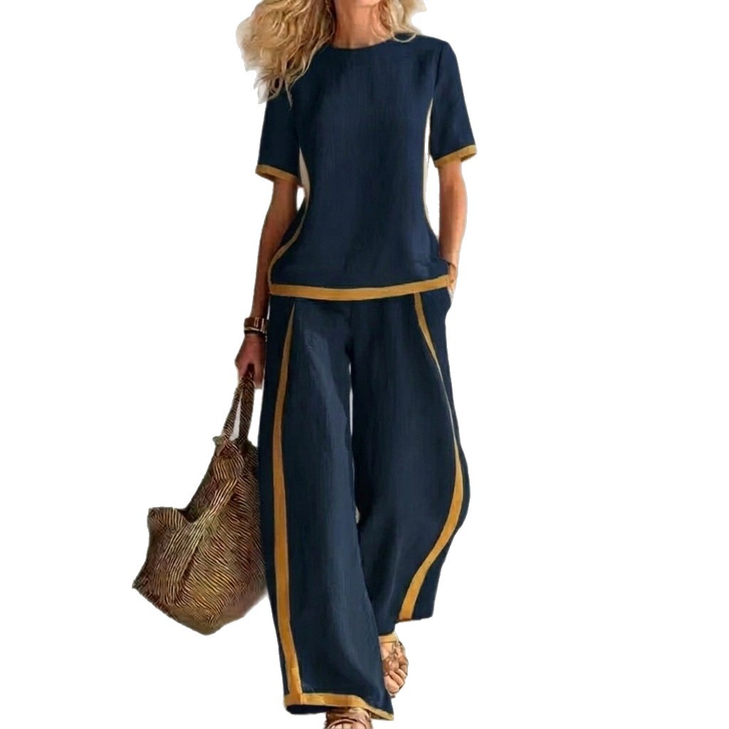 Women's Color-Block Short Sleeve Tee & Wide-Leg Pants Two-Piece Set