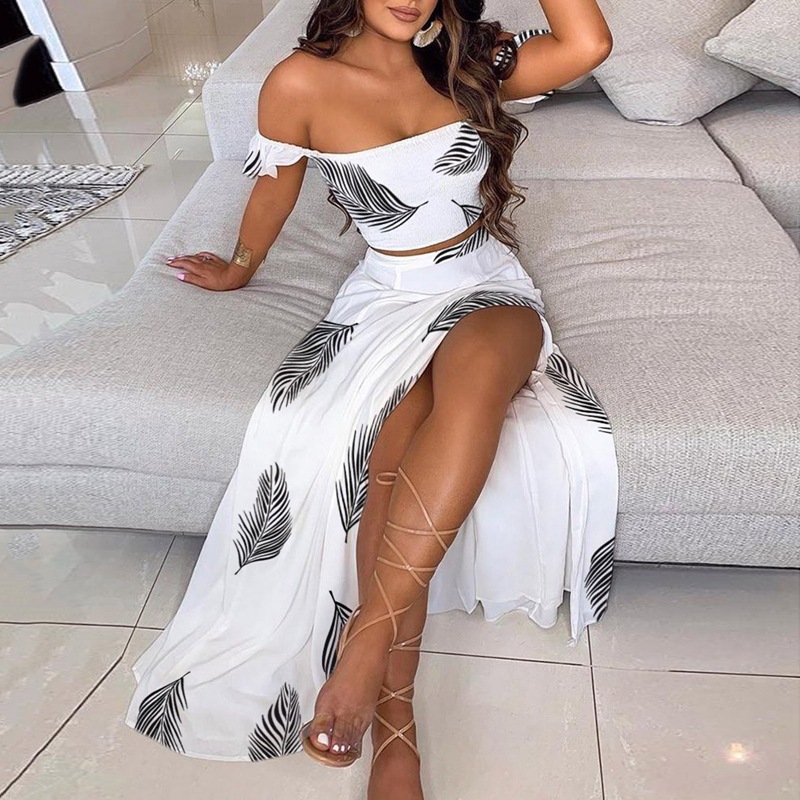Women's Slim Fit French Bohemian Print Midi Strapless Two-Piece Dress Set