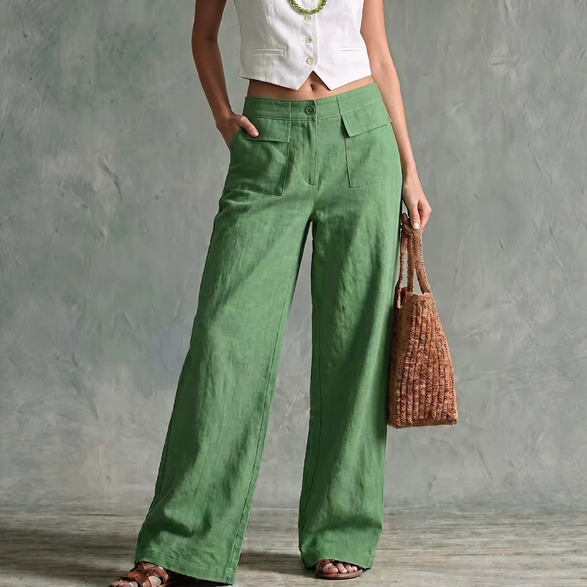 Women's Solid Color Wide-Leg Elastic Waist Casual Pants