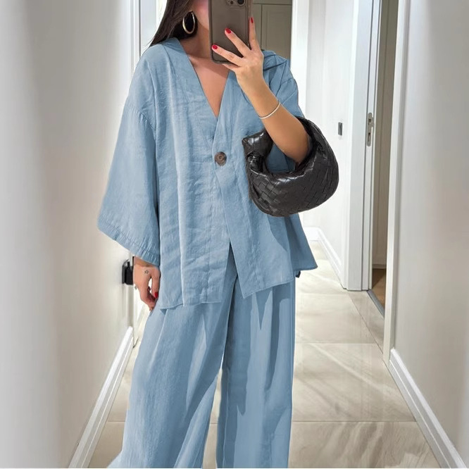 Women's V-Neck Top and Wide-Leg Pants Casual Set