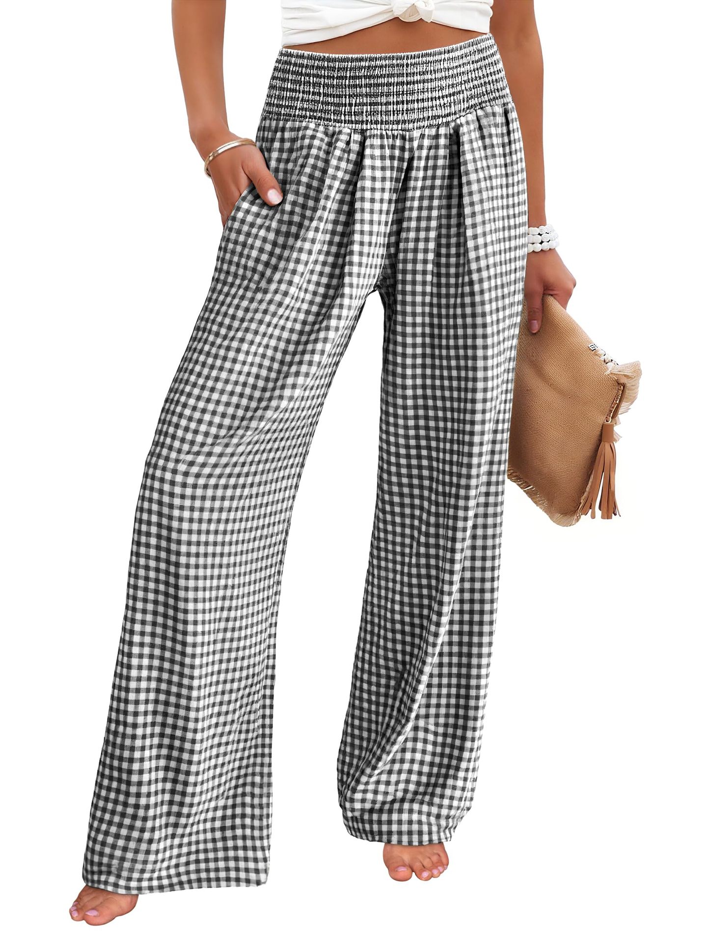 Plaid Wide-Leg High-Waist Pants with Pockets