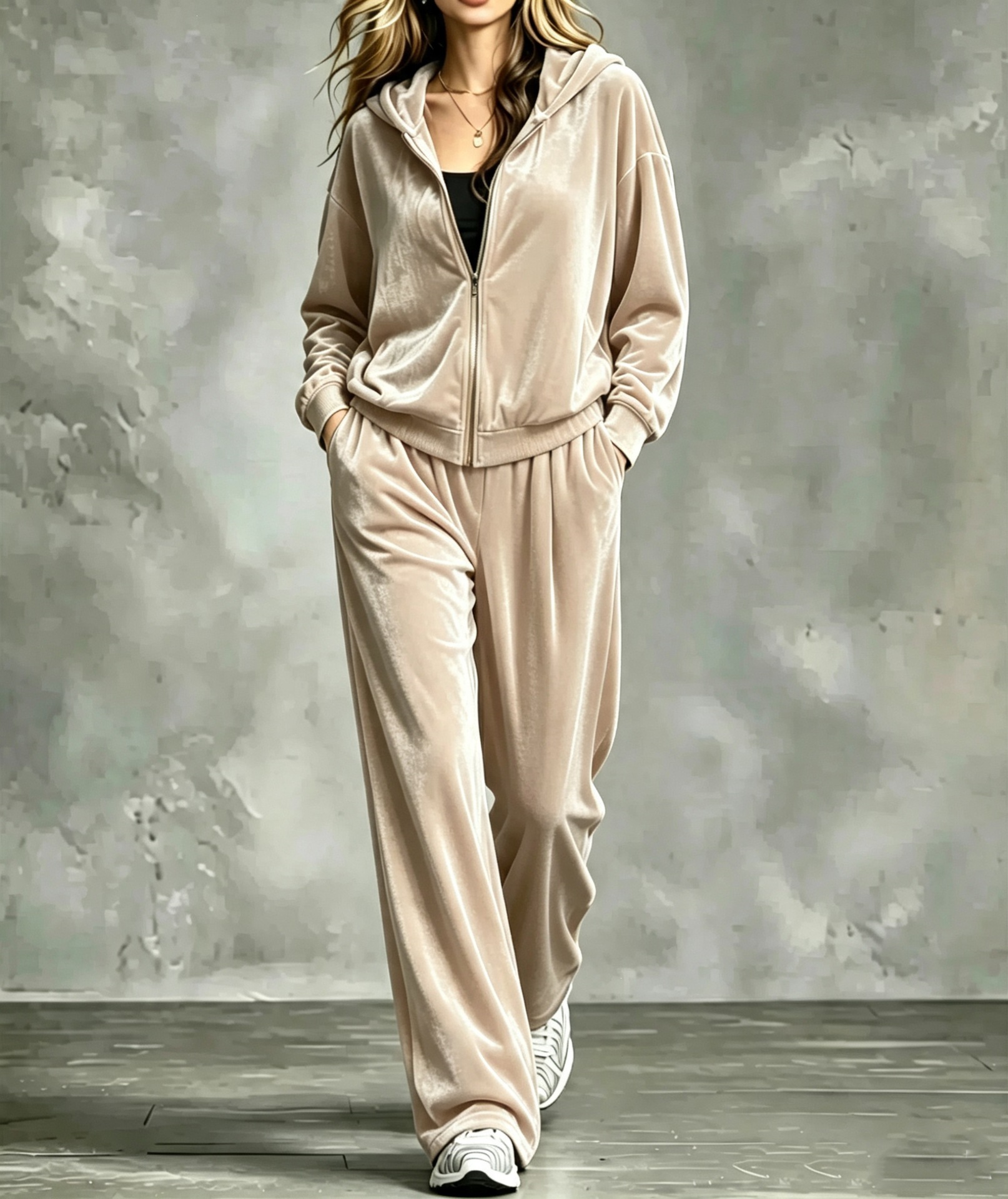 Women's Solid Zip-Up Hooded Two-Piece Sweatsuit Set