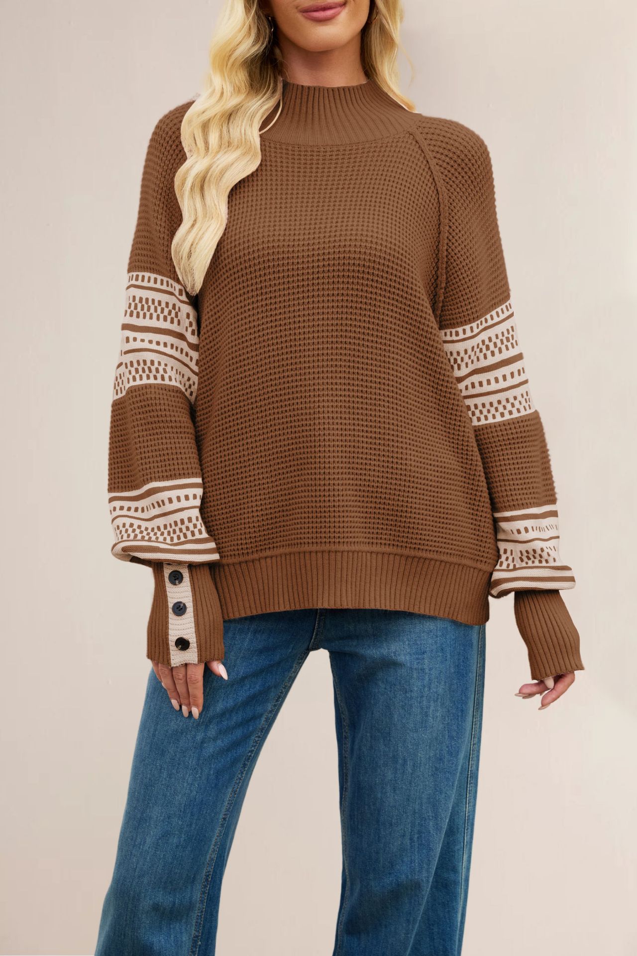 Color-Block Mock Neck Knit Sweater