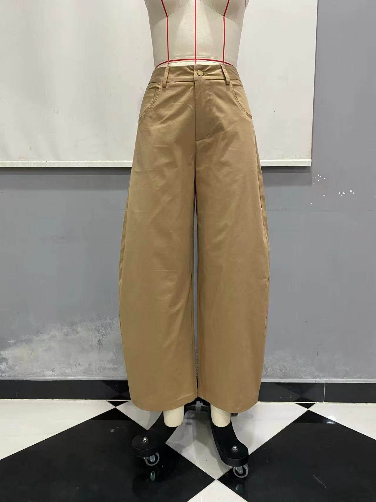 Women's Solid Curved Wide-Leg Pants Loose Straight Casual Trousers