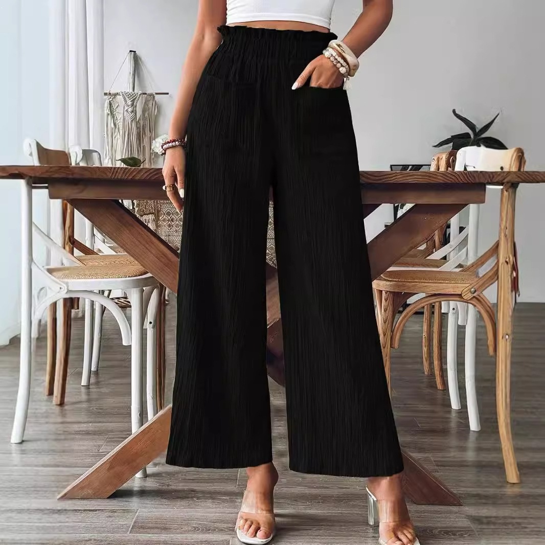 Women's Cropped Wide-Leg Pants with High Waist, Two Pockets, Textured Fabric, Slimming, Versatile, Commuter