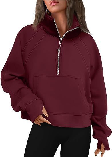 Women's Half-Zip Cropped Stand Collar Fleece-Lined Solid Hoodie