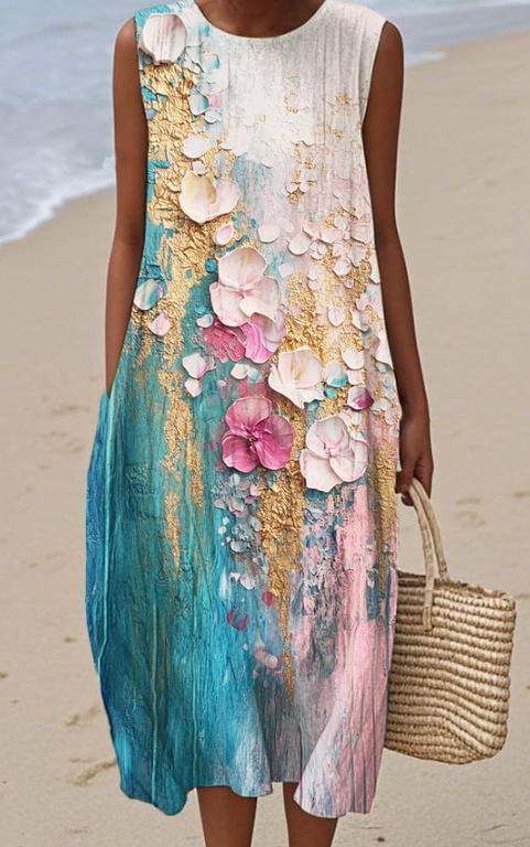 Floral Print Sleeveless Round Neck Loose Midi Dress
