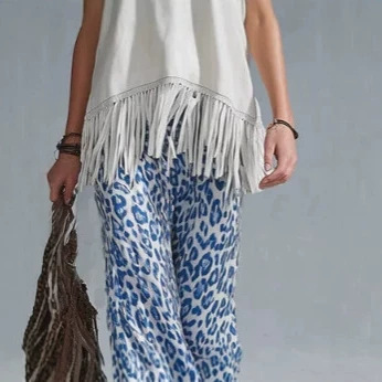 Elegant White Fringe Top and Blue Leopard Chiffon Flare Pants Set