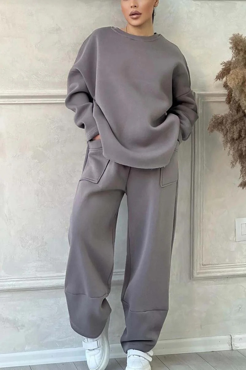Women's Solid Color Crewneck Long Sleeve Pocket Sweatsuit Loose Fit