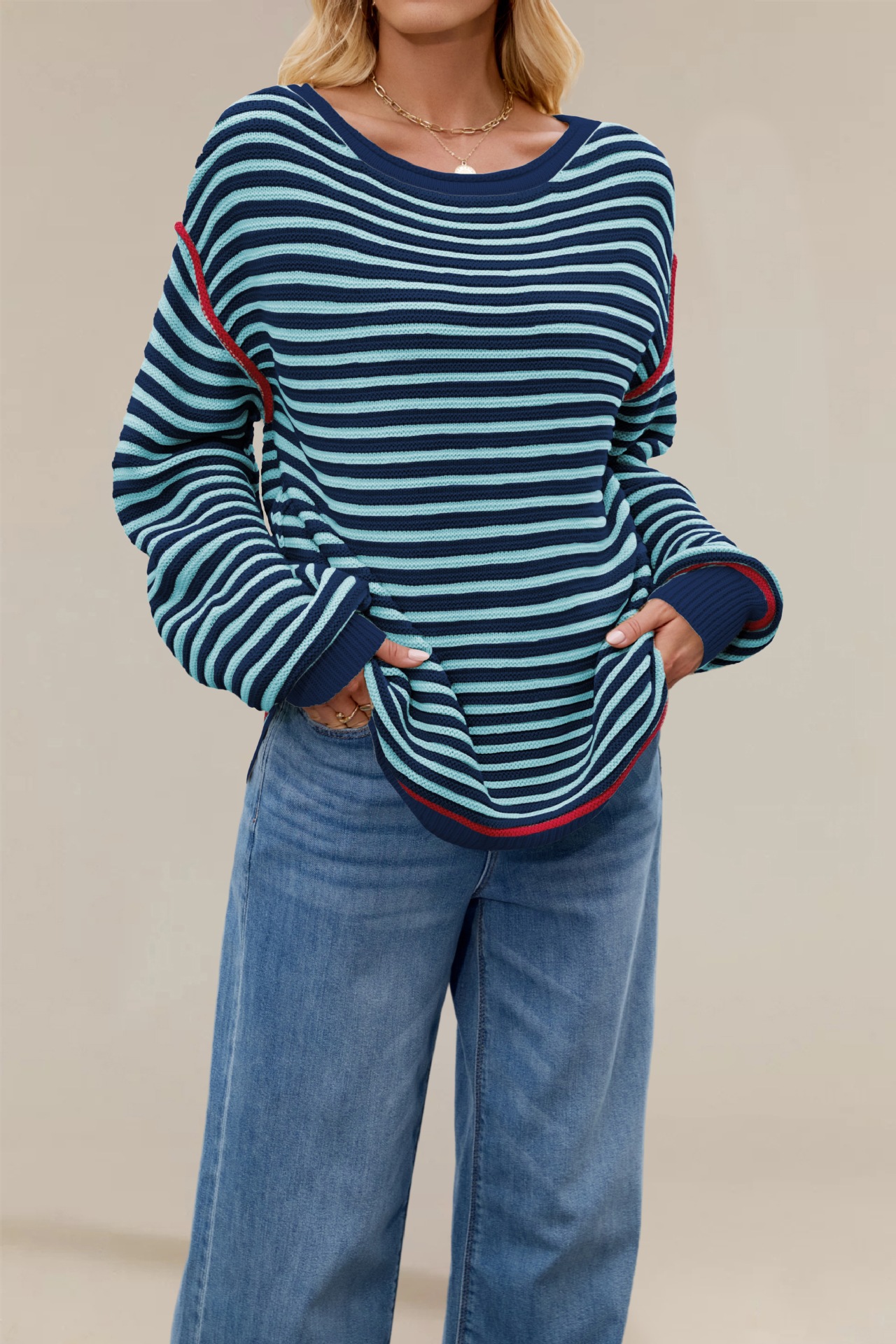 Striped Knit Sweater Crewneck Pullover Loose Long Sleeve