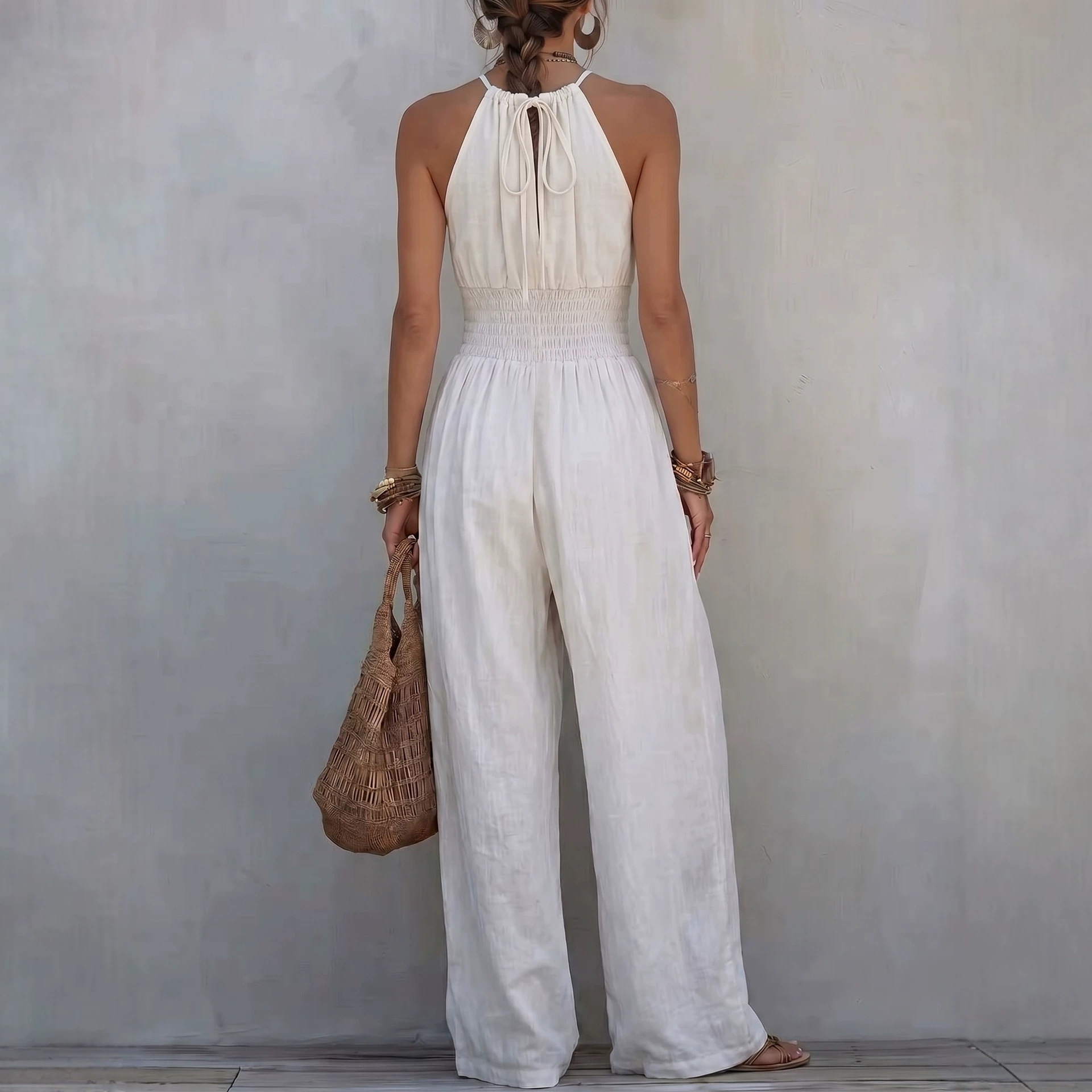 Bohemian Sleeveless Halter Wide-Leg Jumpsuit
