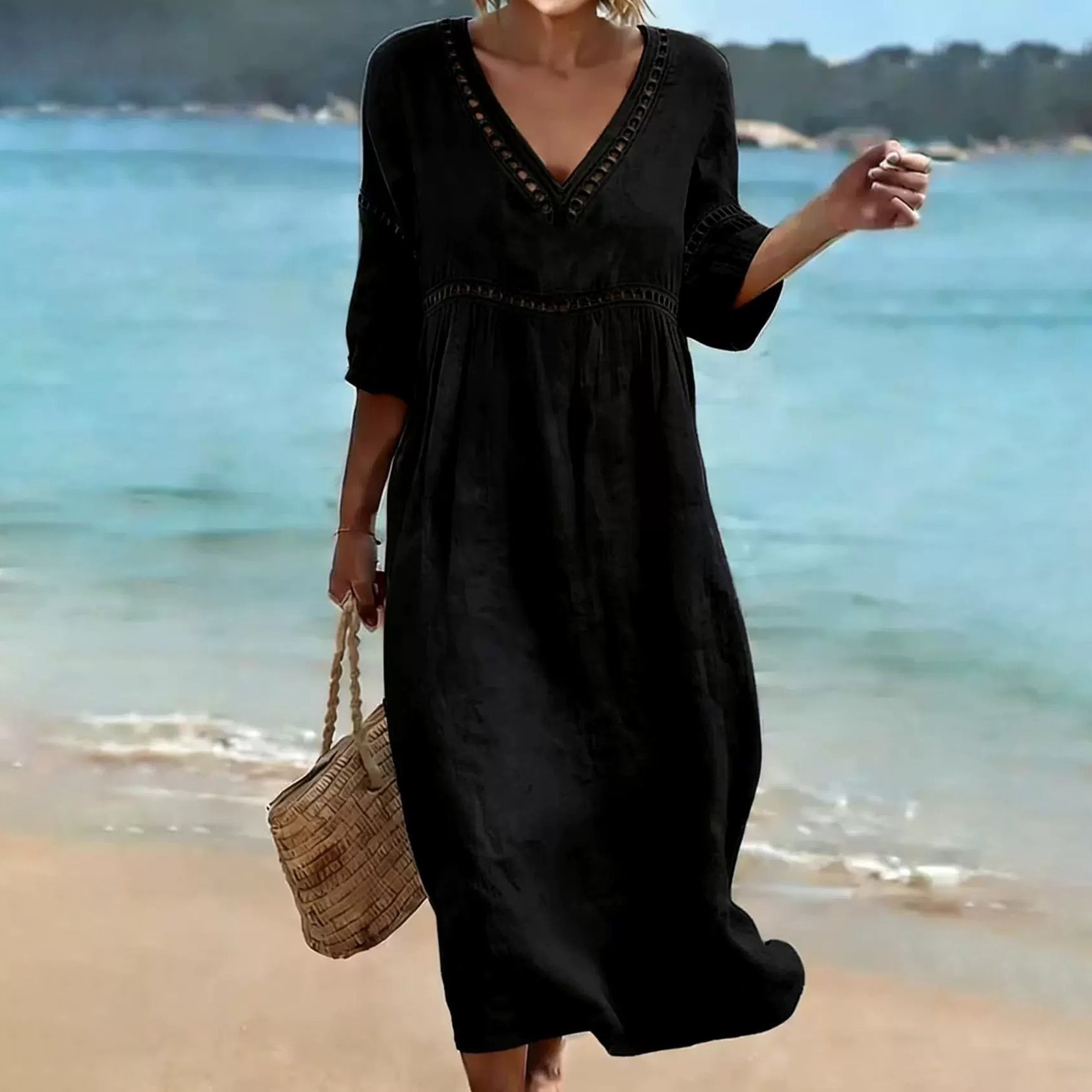 Women's Summer Beach Vacation V-Neck Solid Color Loose Long Dress