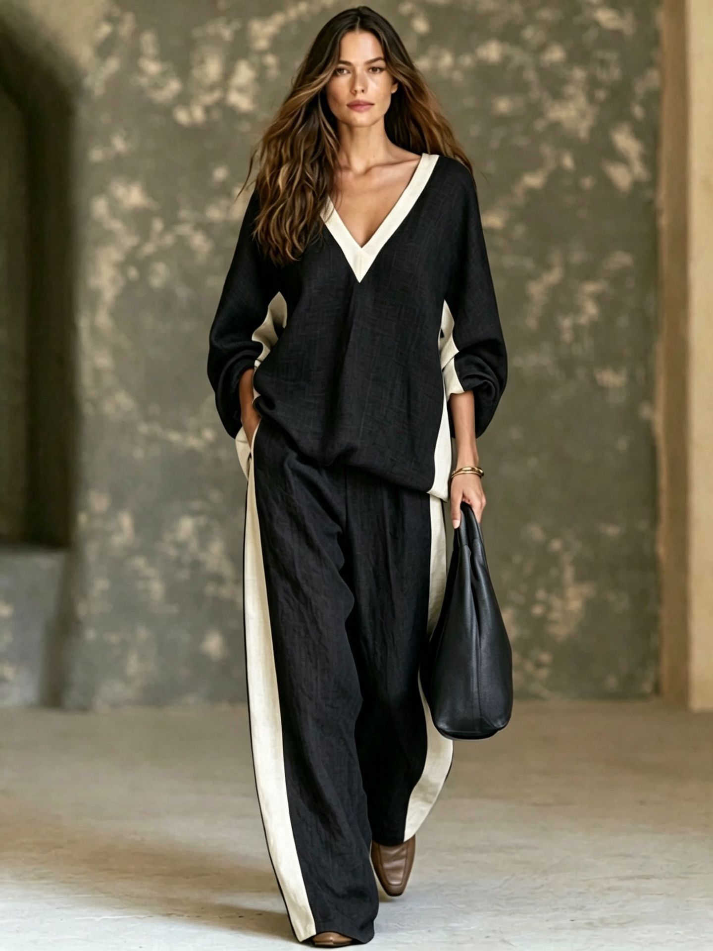 V-Neck Loose Wide-Leg Two-Piece Pants Set