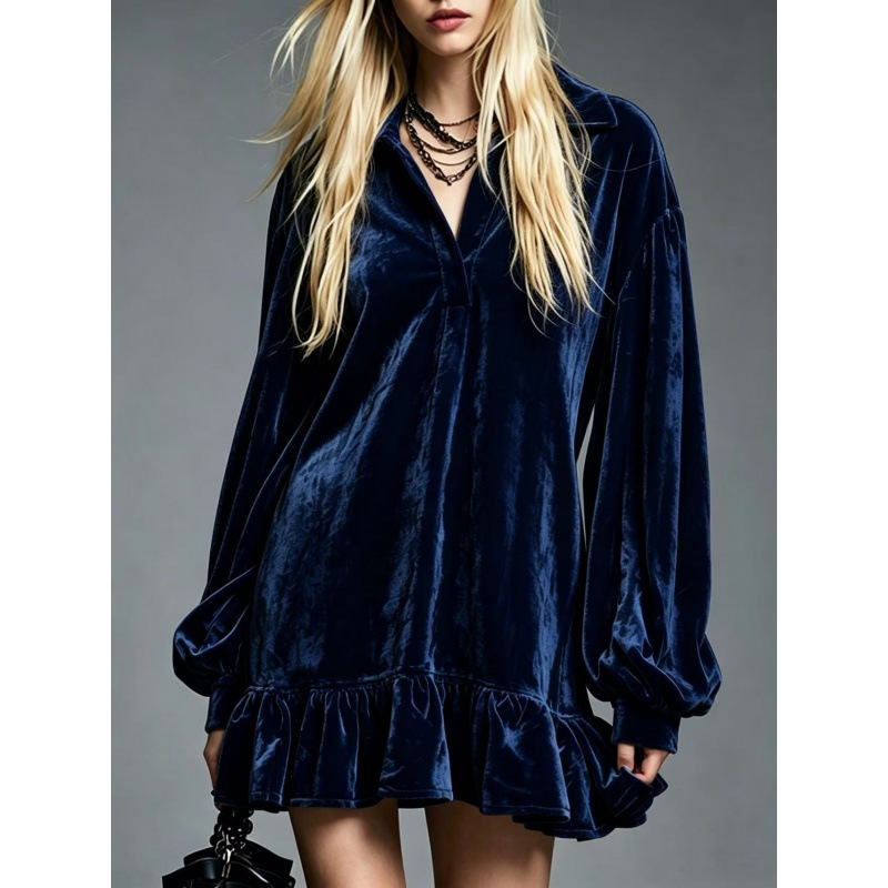 French-Style Velvet Lantern-Sleeve Ruffle Collared Shirt Dress