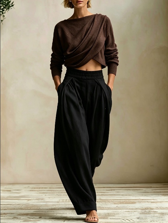 Women's Two-Piece Set: Pleated Crewneck Top & Elastic Waist Harem Pants