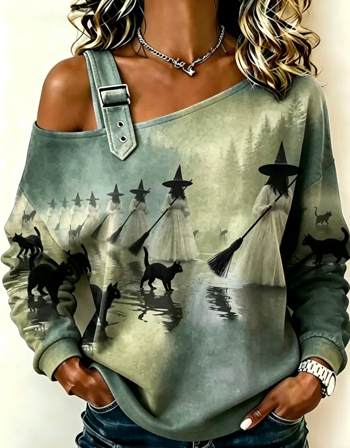 Halloween Witch Cat Print Crewneck Long-Sleeve Lace-Up Sweatshirt