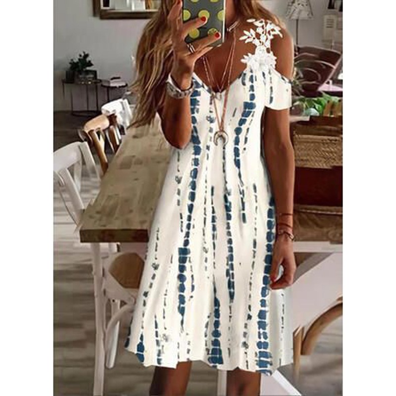 Women's Floral Print Off-Shoulder Lace Short Sleeve Dress