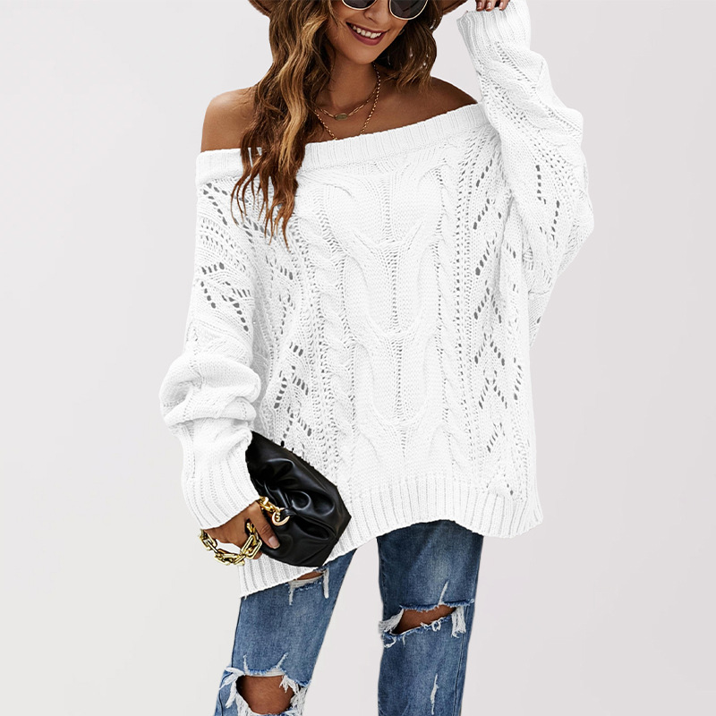Off-Shoulder Plus Size Loose Knit Sweater Women's Solid Color Pullover