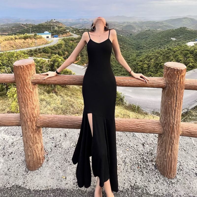 Black French-Style Slip Dress with Asymmetric Slit and Mermaid Hem
