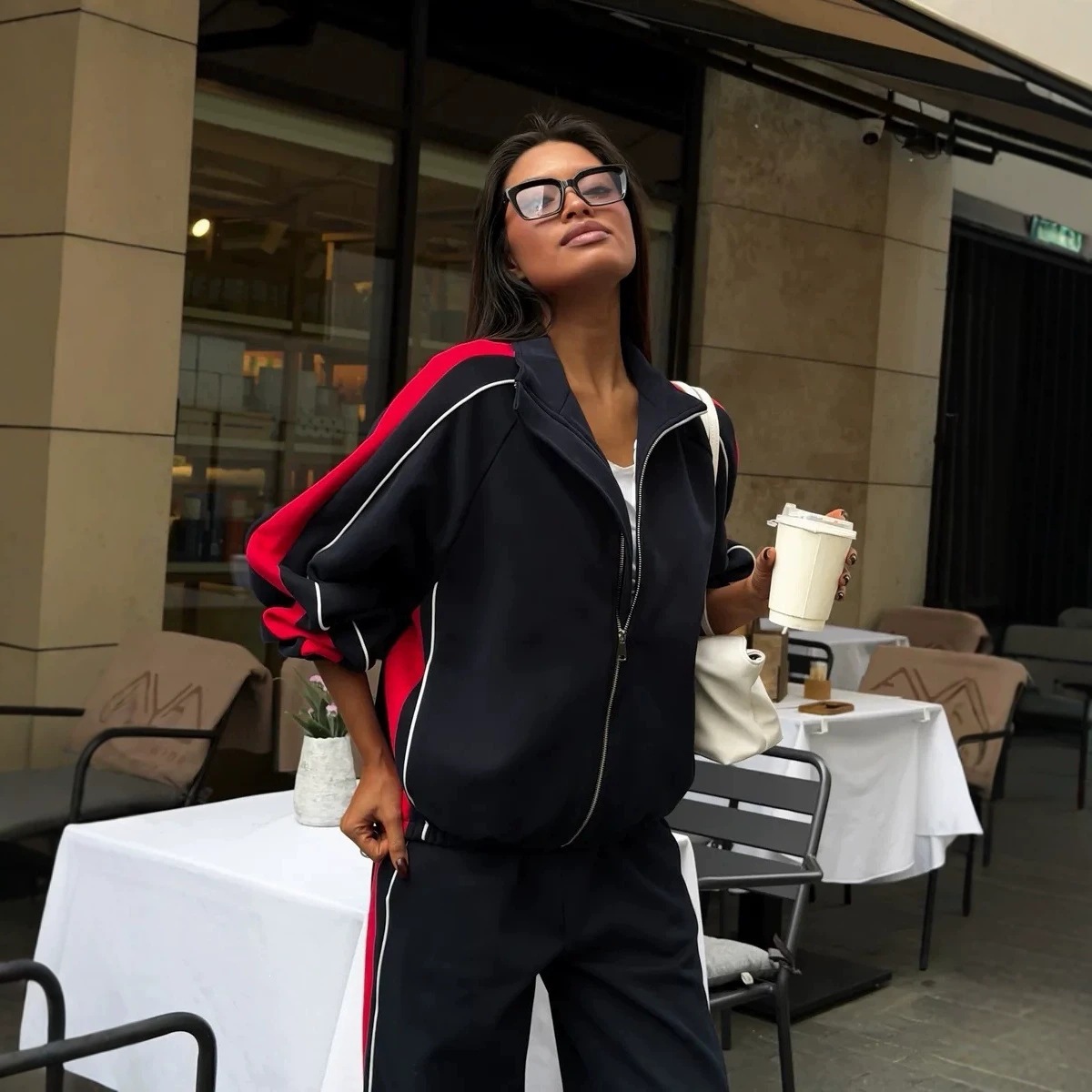 Women's Colorblock Tracksuit with Zip-Up Stand Collar Jacket and Wide-Leg Sweatpants