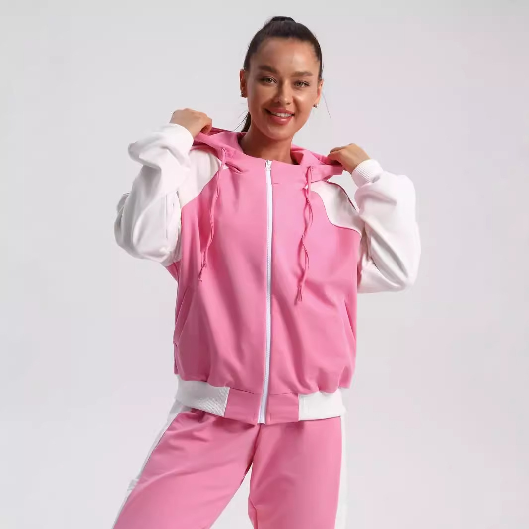 Women's Color-Block Zip Hoodie and Drawstring Pants Two-Piece Set