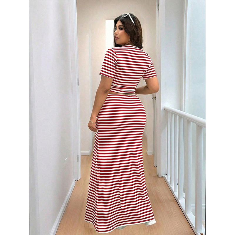 Women's Plus Size Striped Top and High-Waist Mermaid Midi Skirt Set