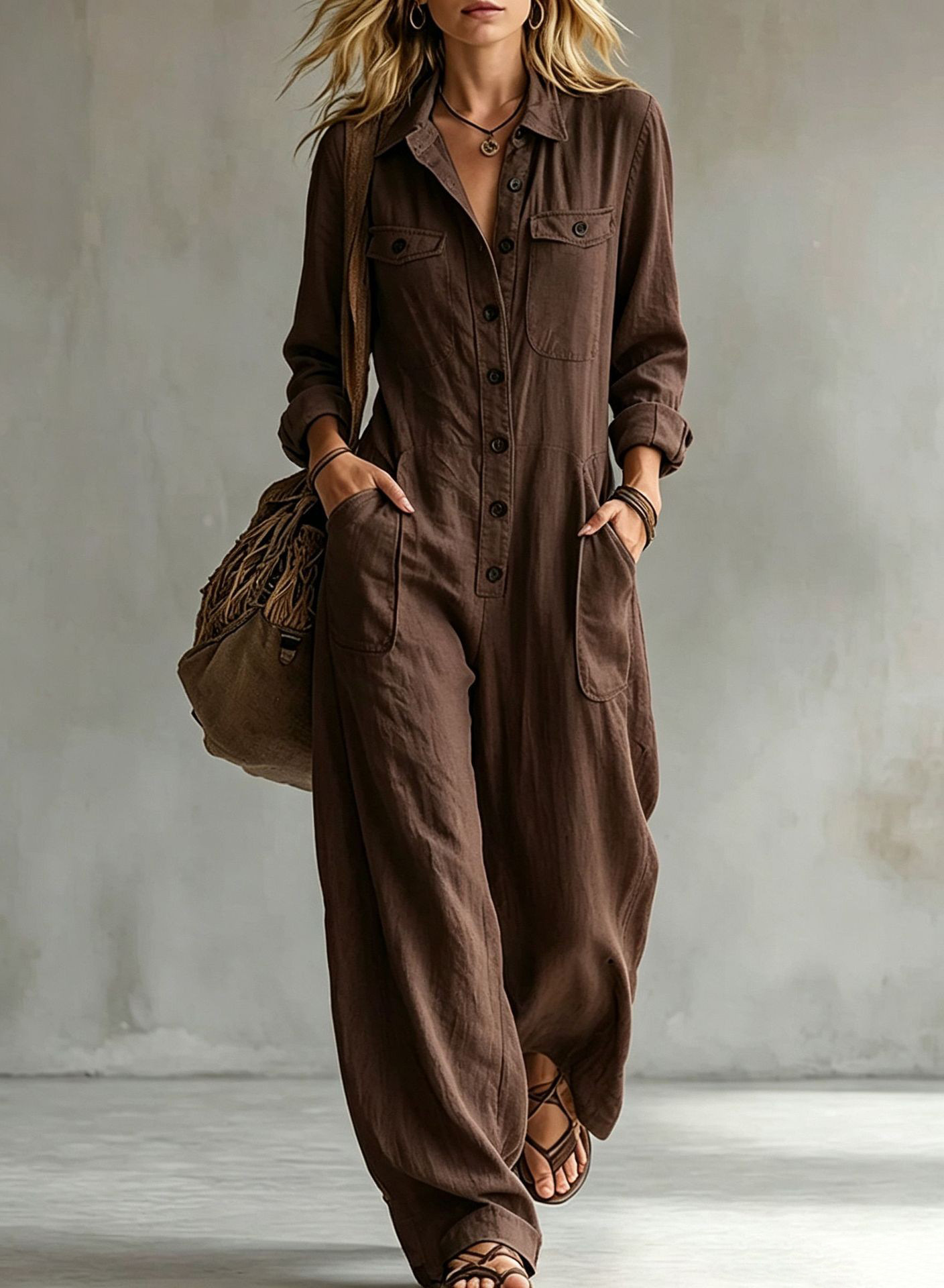 Women's Linen-Blend Cargo Jumpsuit with Collar Long Sleeve Wide Leg Loose Fit