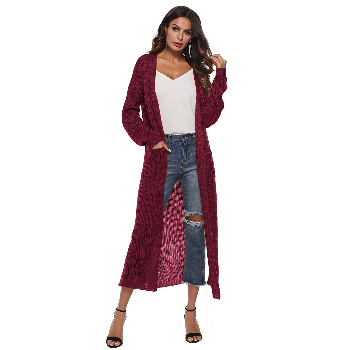 Mohair Cardigan Women's Long Open Front Split Pocket Sweater Coat