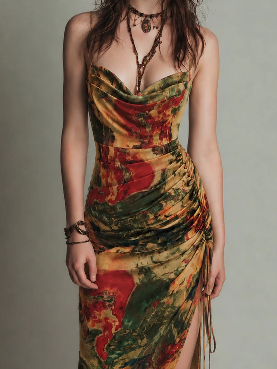 Floral Cami Ruffle Slit Midi Dress