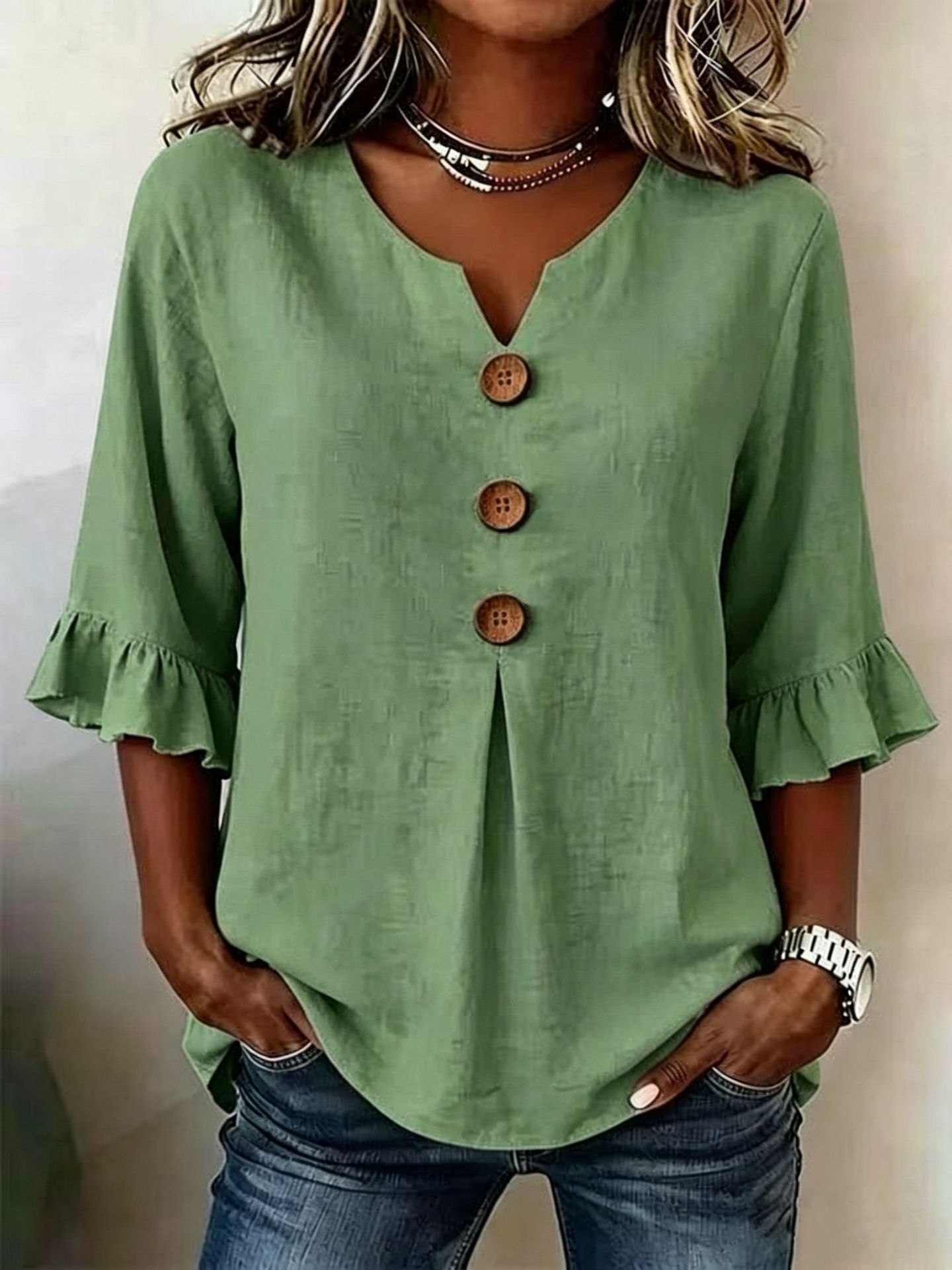 Cotton Linen V-Neck Big Button Ruffle Sleeve Dress