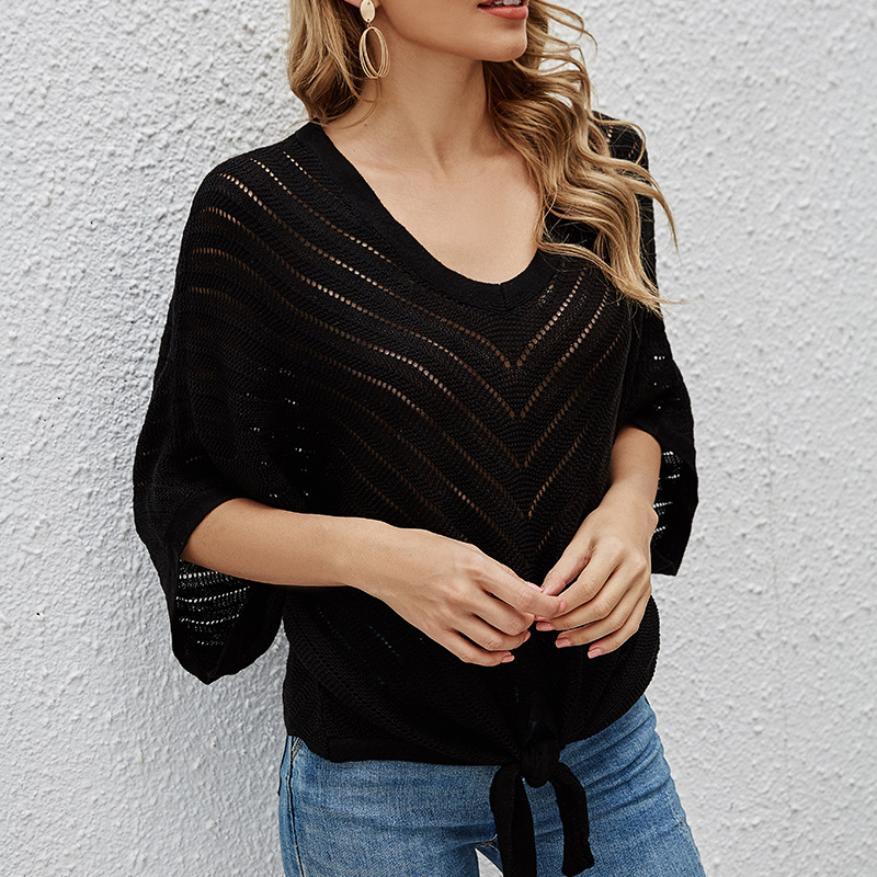 Women's V-Neck Short Sleeve Batwing Top Tie-Front Lightweight Hollow Knit