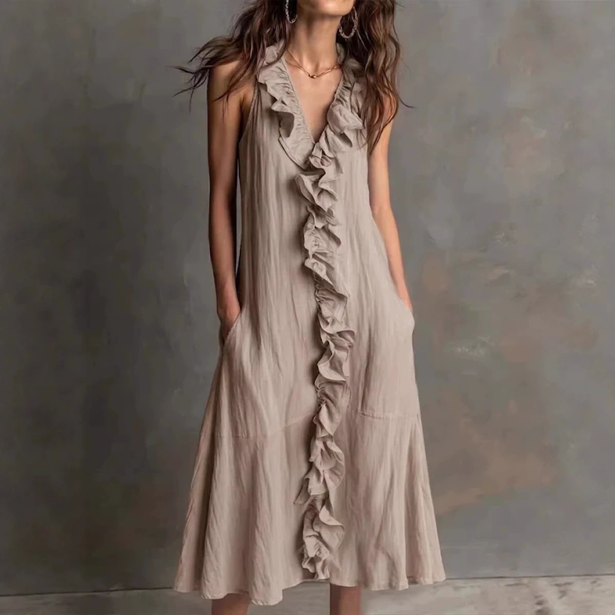 Women's Sleeveless V-Neck Ruffle Hem Midi Dress Solid Color
