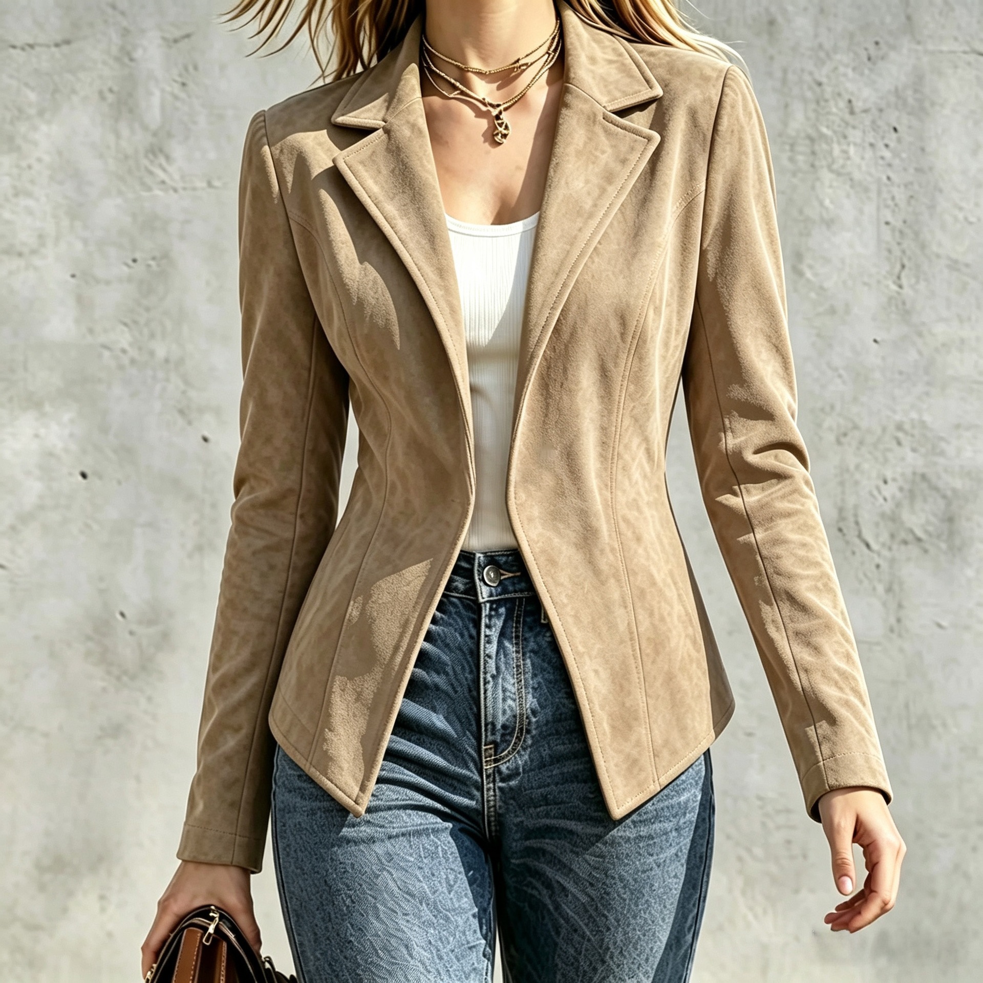 Faux Suede Slim Fit Lapel Collar Long Sleeve Jacket