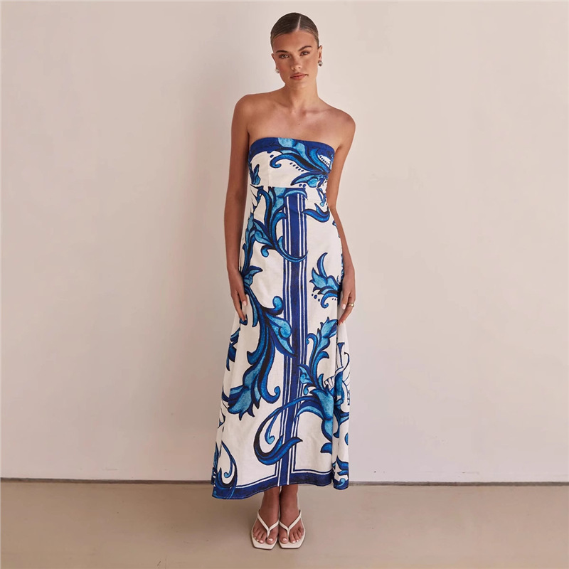 Women's Sleeveless Printed Bodycon Midi Dress with High Waist