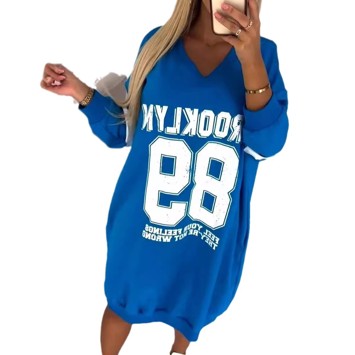 Women's Casual Letter Print Sweatshirt Dress V-Neck Long Sleeve A-Line Midi