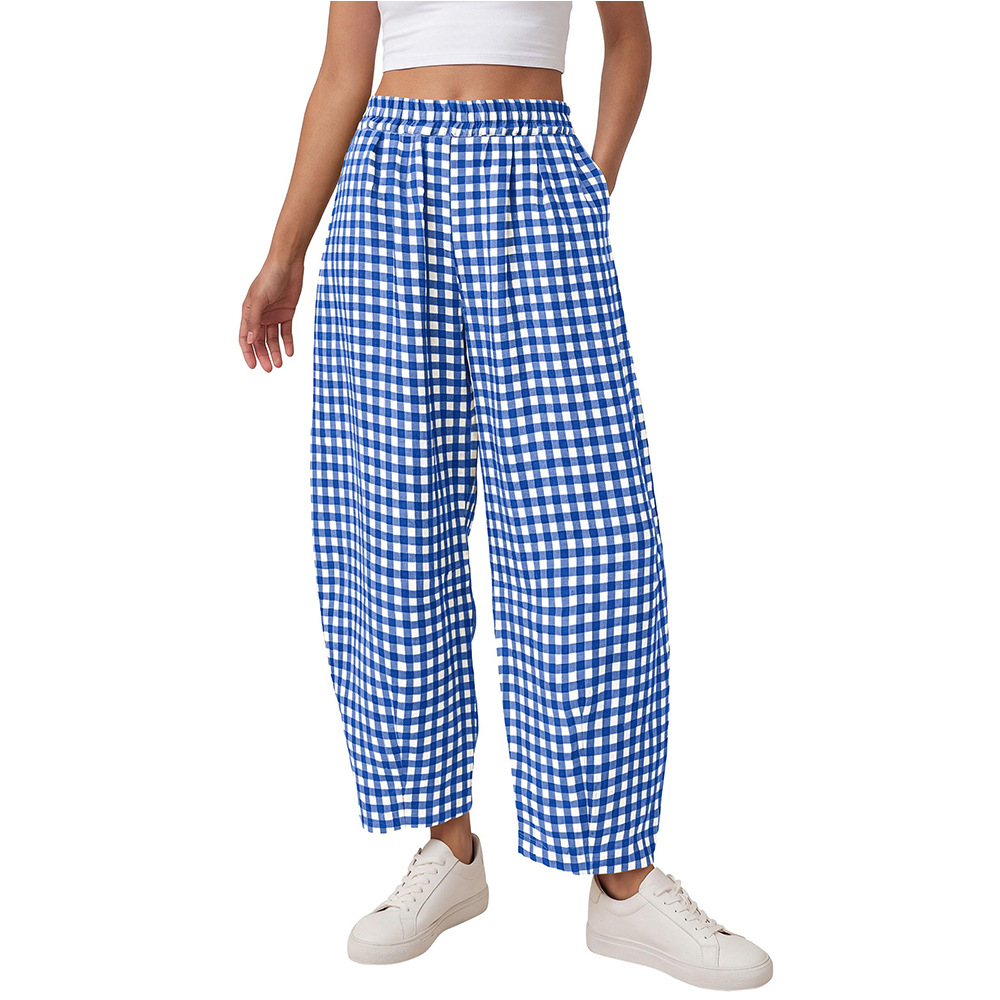 Plaid High-Waist Wide-Leg Cropped Pants with Pockets