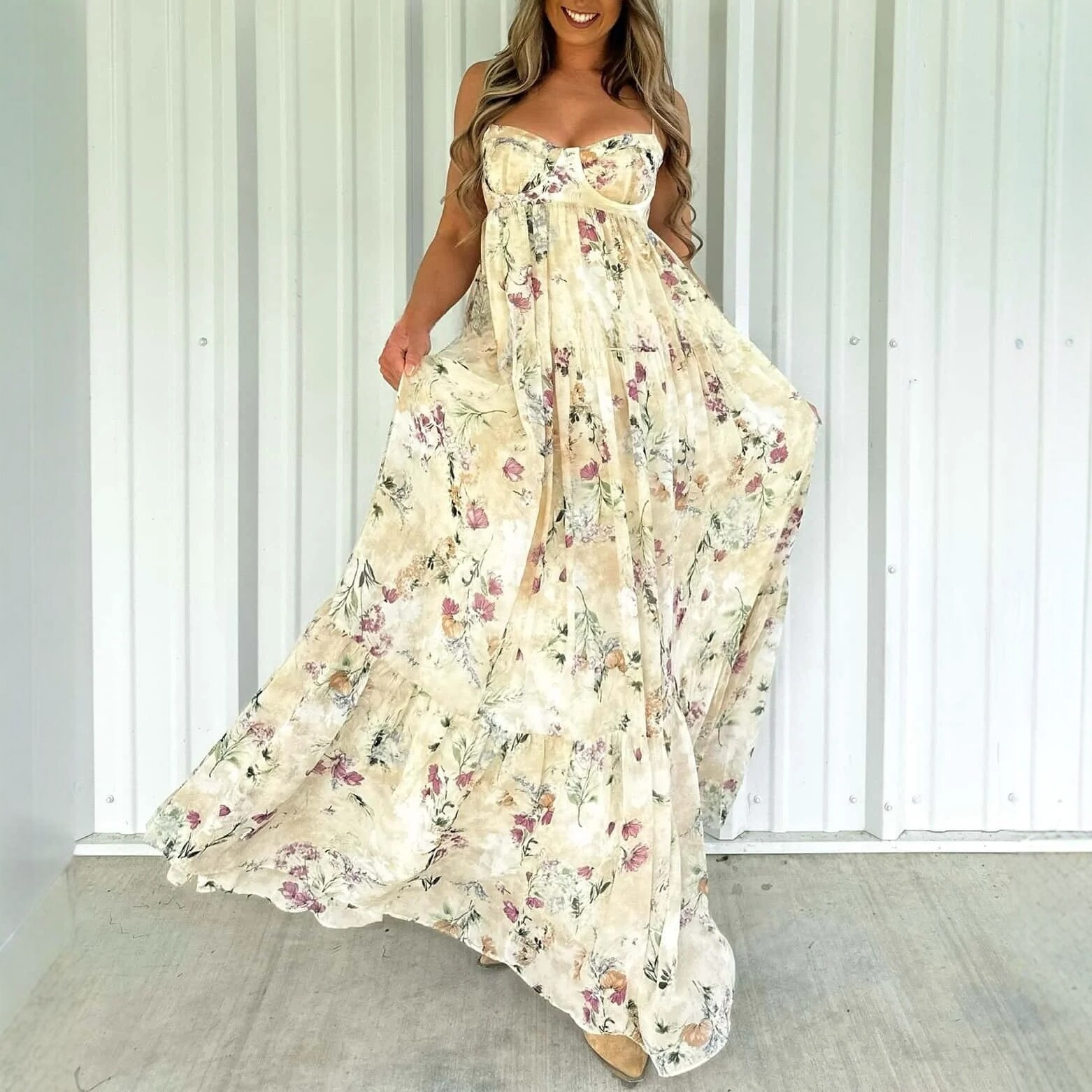 Women's Strapless Floral Print Maxi Dress High Waist Backless Slit