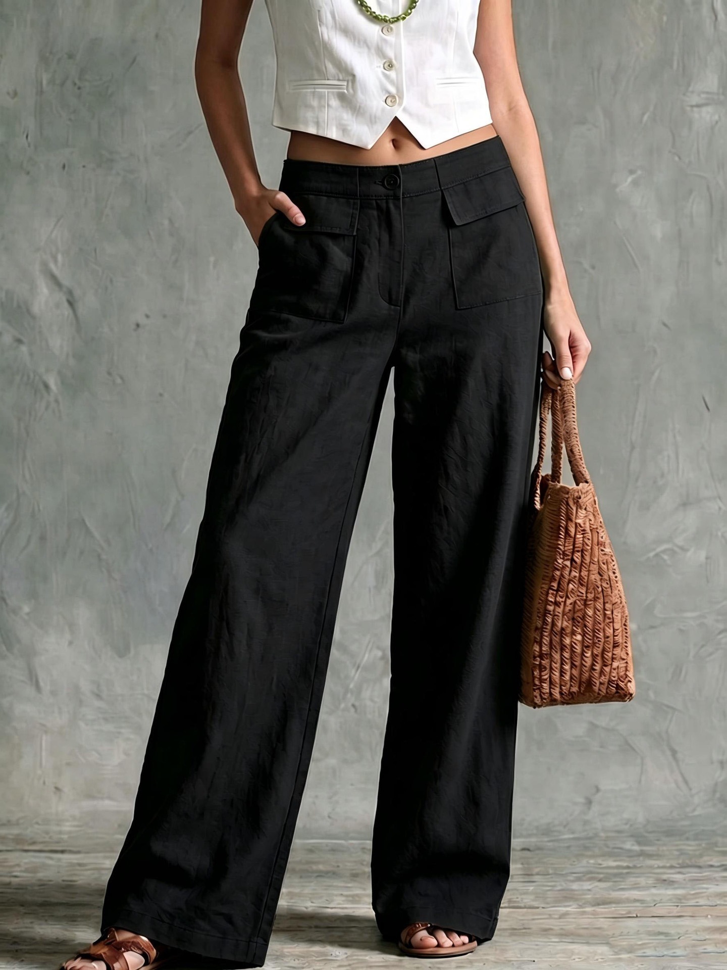 Women's Solid Cotton-Blend Wide-Leg Pants High Waist Loose Casual
