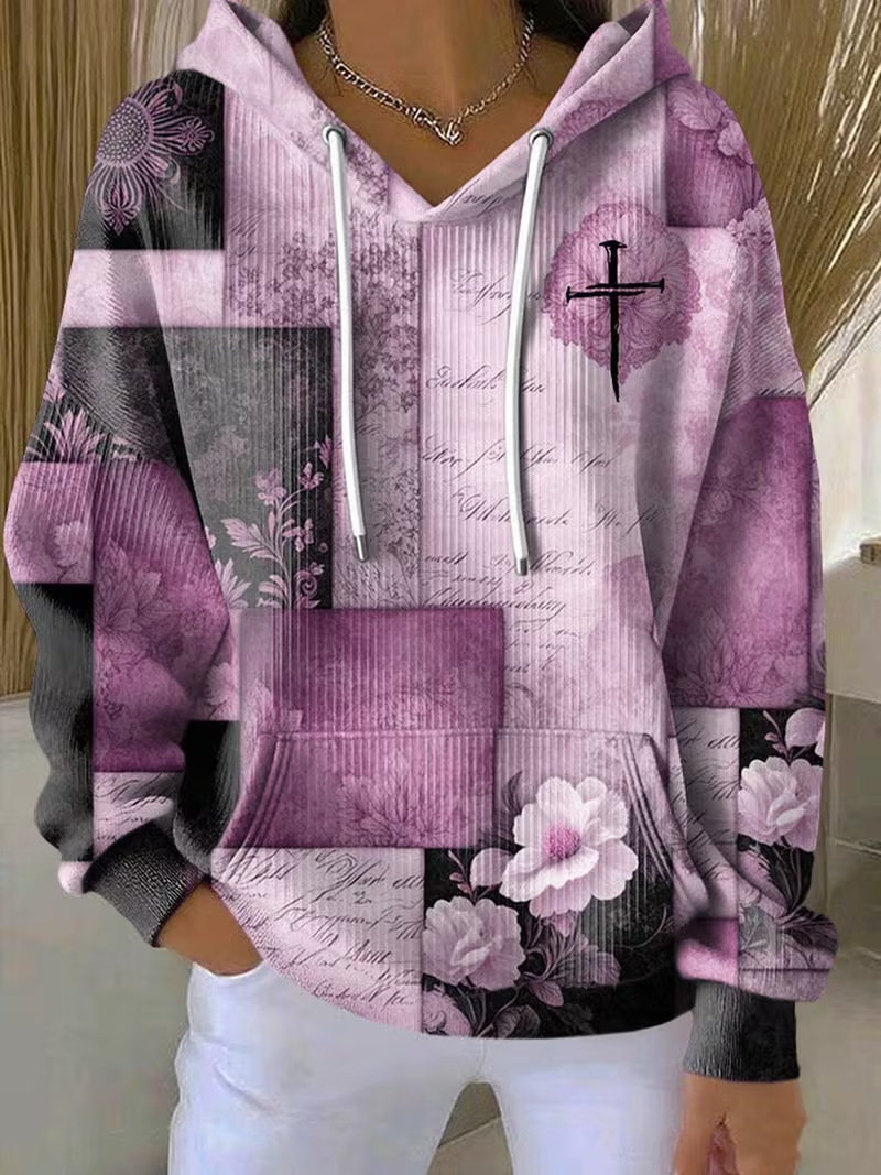 Women's Cross Colorblock Print Casual Hoodie