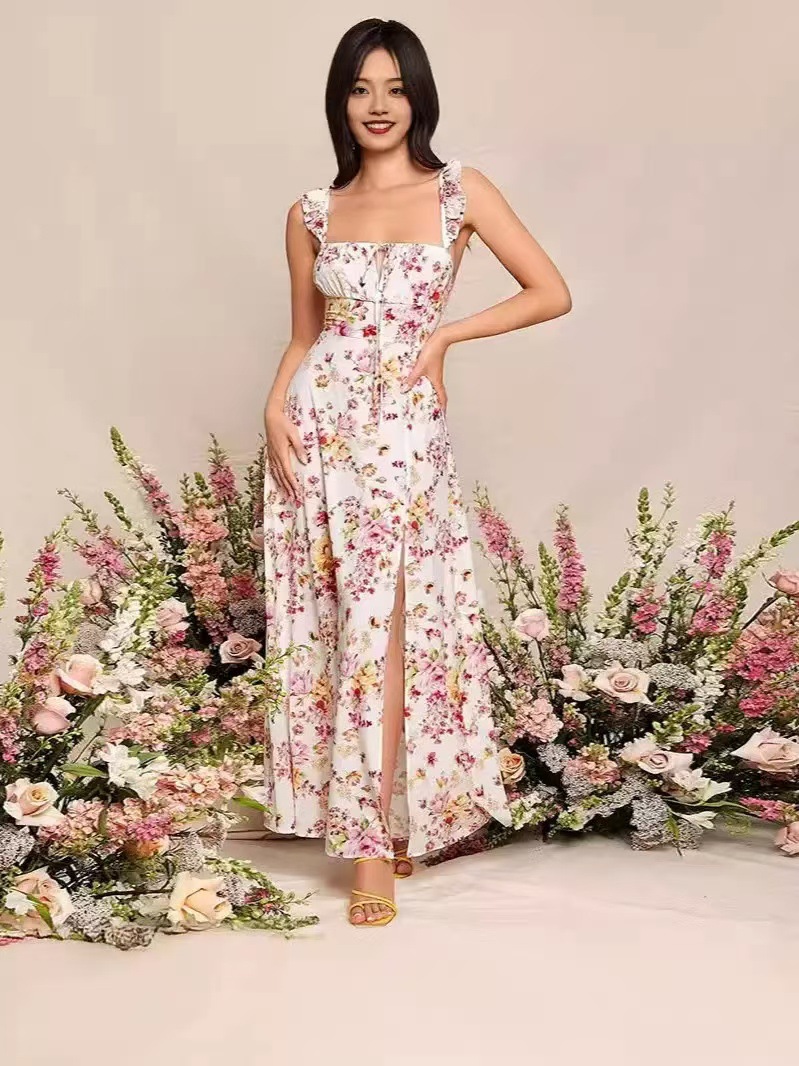 Women's Floral Print Square Neck High Slit Tie Back Maxi Dress
